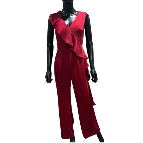 Antonio Melani Women's Red Sleeveless Ruffle V-Neck Jumpsuit Wide Leg Size 6 - Picture 1 of 7